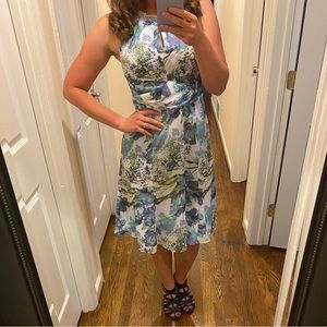 Size 4 Lovely Adrianna Papell Whire Blue Green Aqua Floral Dress Gold Halter